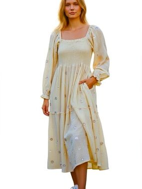 Sweet Generis Flower Print Smocked Gauze Maxi Dress Yellow Large